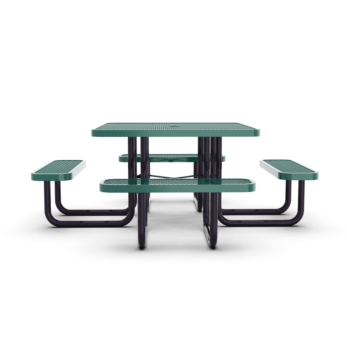Green |#| Commercial 46 Inch Square Expanded Mesh Metal Picnic Table with Anchors - Green