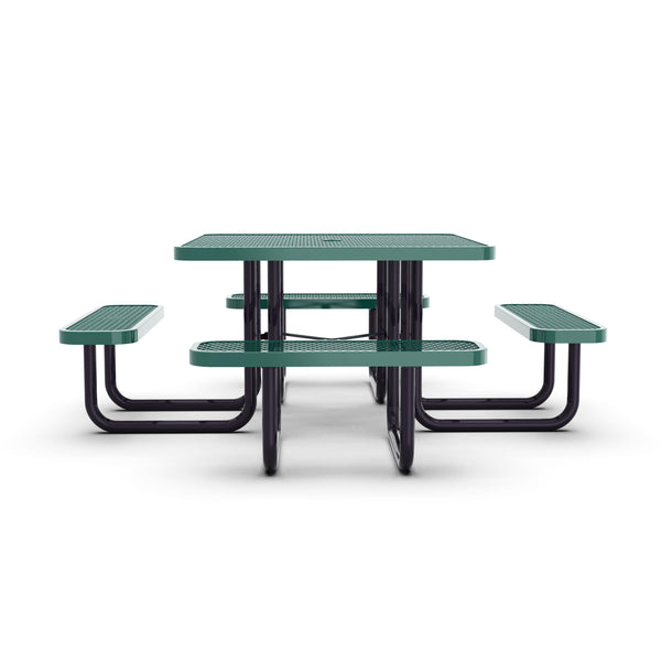 Green |#| Commercial 46 Inch Square Expanded Mesh Metal Picnic Table with Anchors - Green