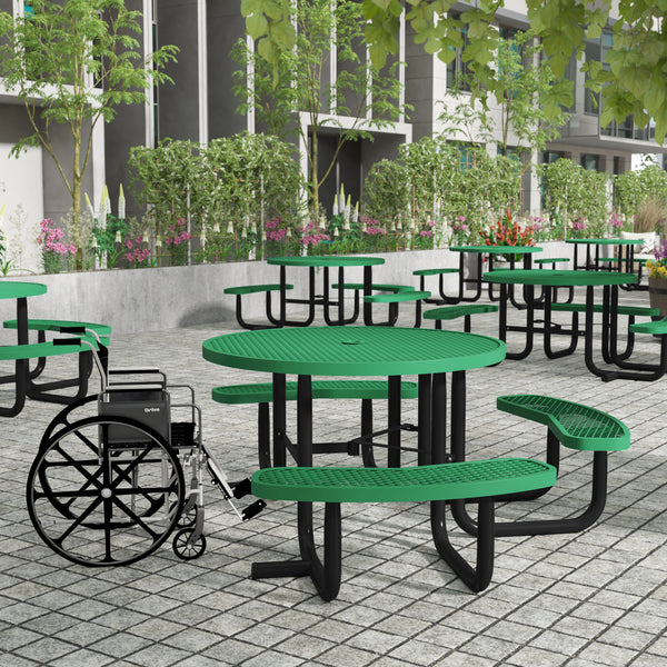 Green |#| Commercial 46" Round Wheelchair Accessible Metal Outdoor Picnic Table - Green