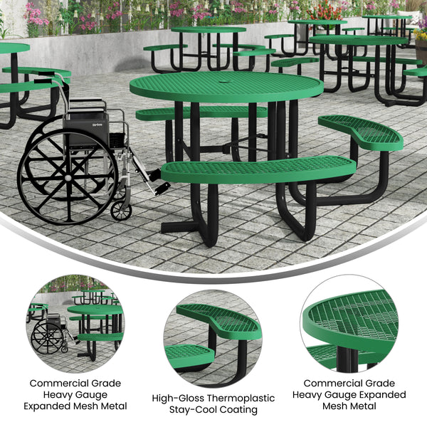 Green |#| Commercial 46" Round Wheelchair Accessible Metal Outdoor Picnic Table - Green
