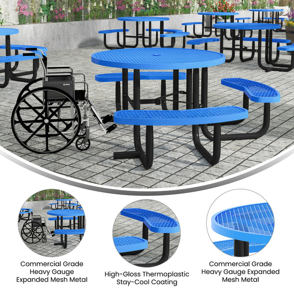 Blue |#| Commercial 46" Round Wheelchair Accessible Metal Outdoor Picnic Table - Blue