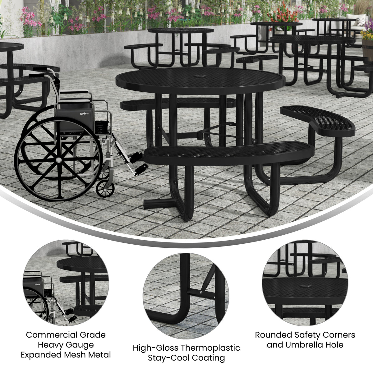 Black |#| Commercial 46" Round Wheelchair Accessible Metal Outdoor Picnic Table - Black