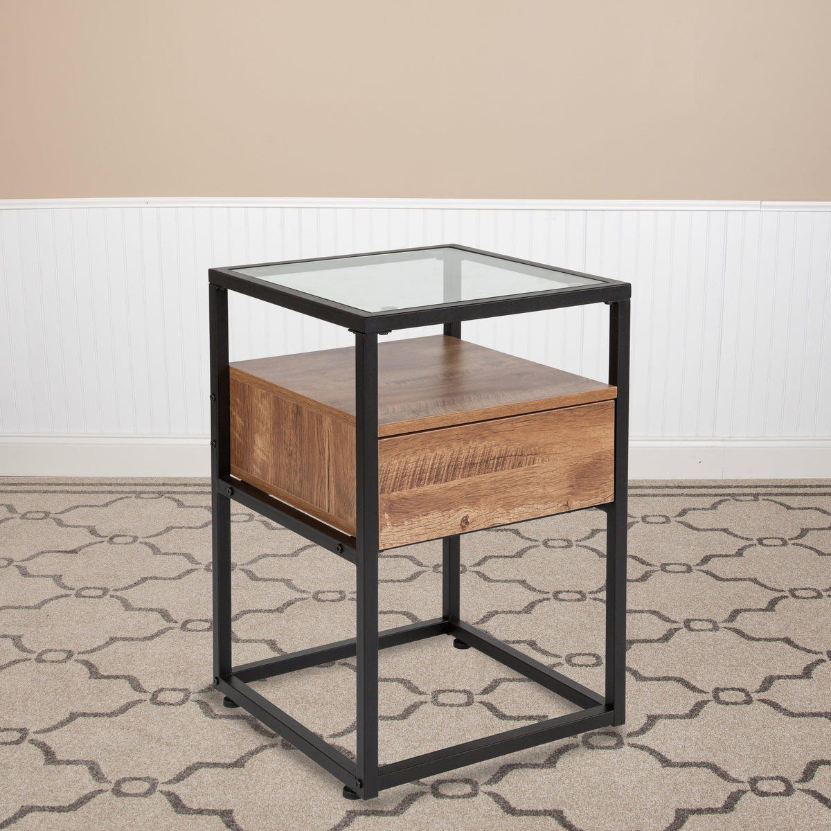 Glass End Table with Drawer and Shelf in Rustic Wood Grain Finish