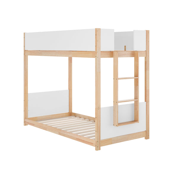White/Natural |#| Twin Over Twin Convertible Solid Wood Bunk Bed Frame for Kids in White/Natural