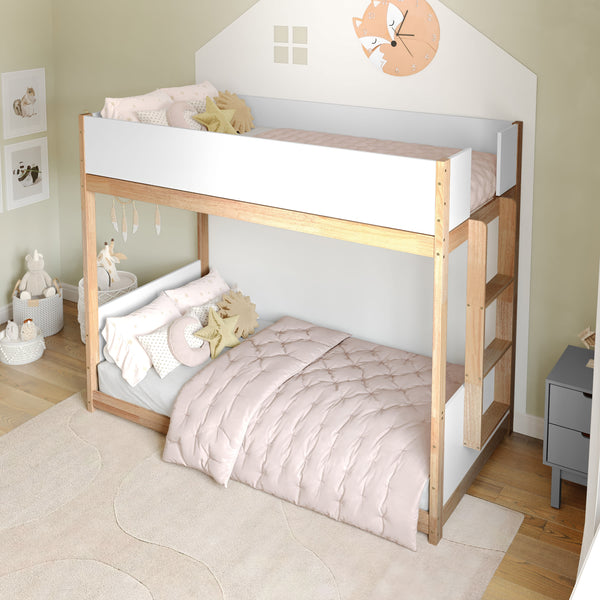 White/Natural |#| Twin Over Twin Convertible Solid Wood Bunk Bed Frame for Kids in White/Natural