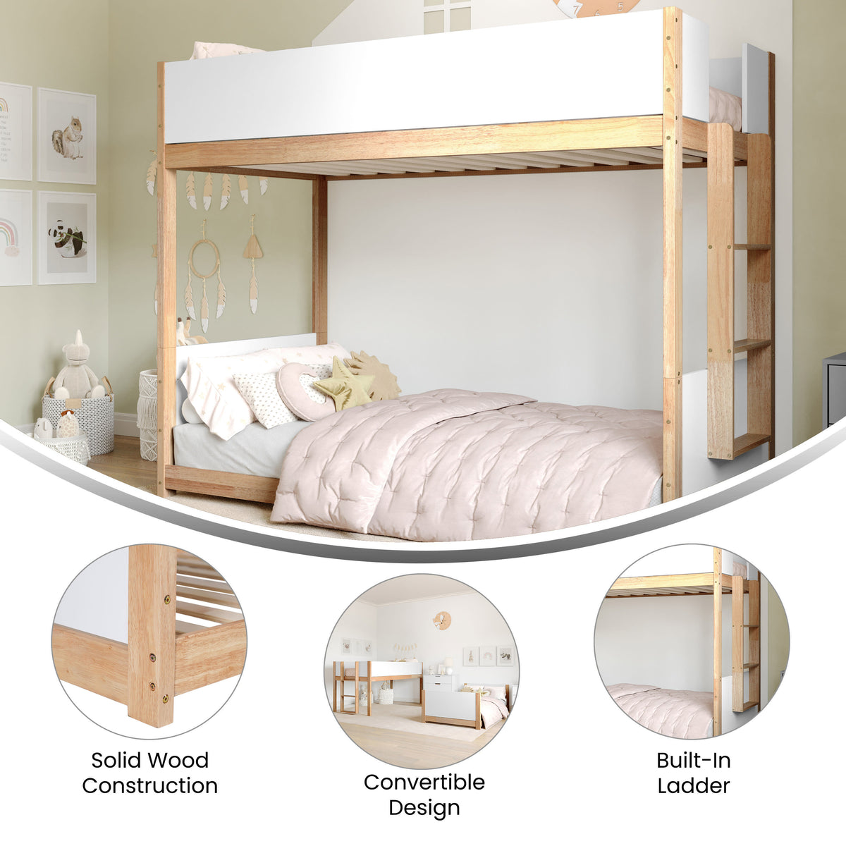 White/Natural |#| Twin Over Twin Convertible Solid Wood Bunk Bed Frame for Kids in White/Natural
