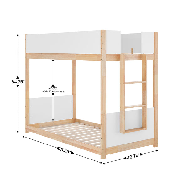 White/Natural |#| Twin Over Twin Convertible Solid Wood Bunk Bed Frame for Kids in White/Natural