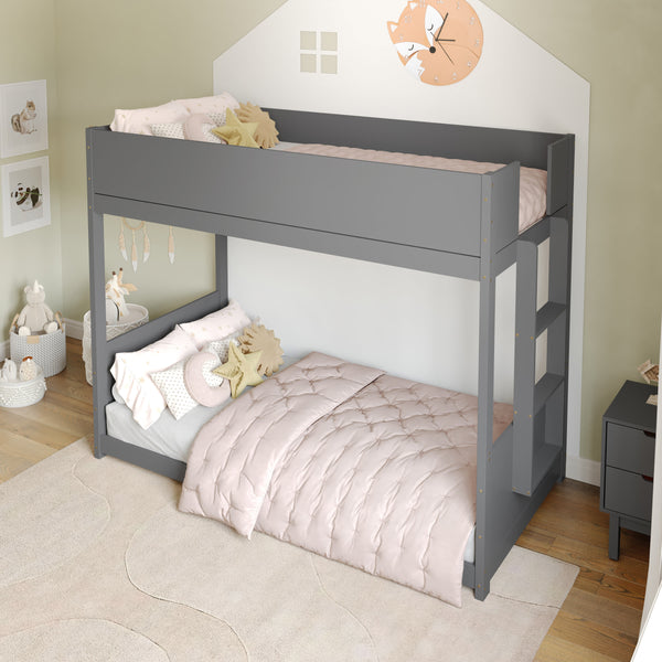 Gray |#| Twin Over Twin Convertible Solid Wood Bunk Bed Frame for Kids in Gray