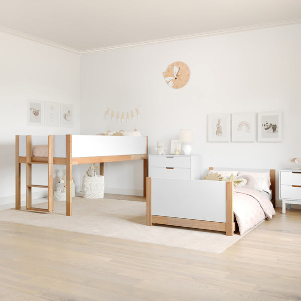 White/Natural |#| Twin Over Twin Convertible Solid Wood Bunk Bed Frame for Kids in White/Natural