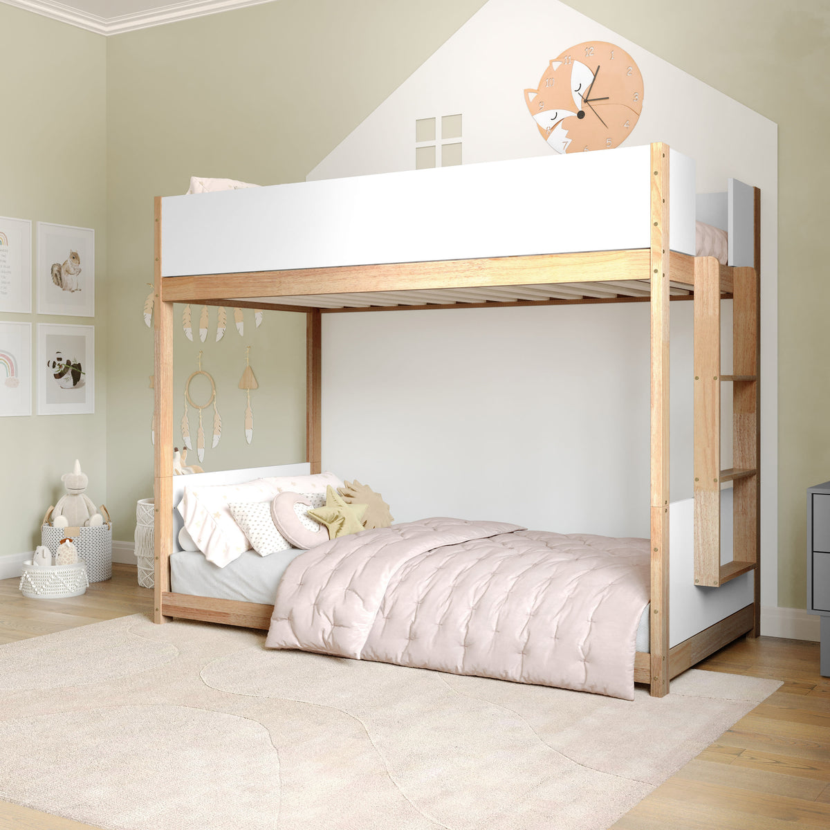 White/Natural |#| Twin Over Twin Convertible Solid Wood Bunk Bed Frame for Kids in White/Natural