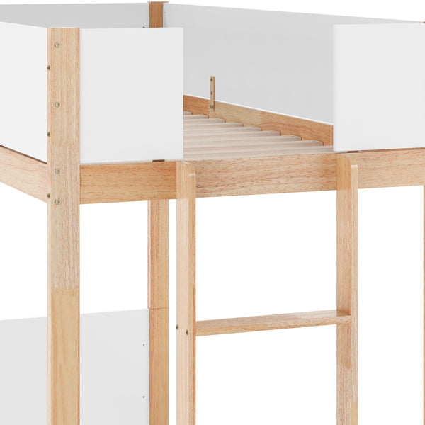 White/Natural |#| Twin Over Twin Convertible Solid Wood Bunk Bed Frame for Kids in White/Natural