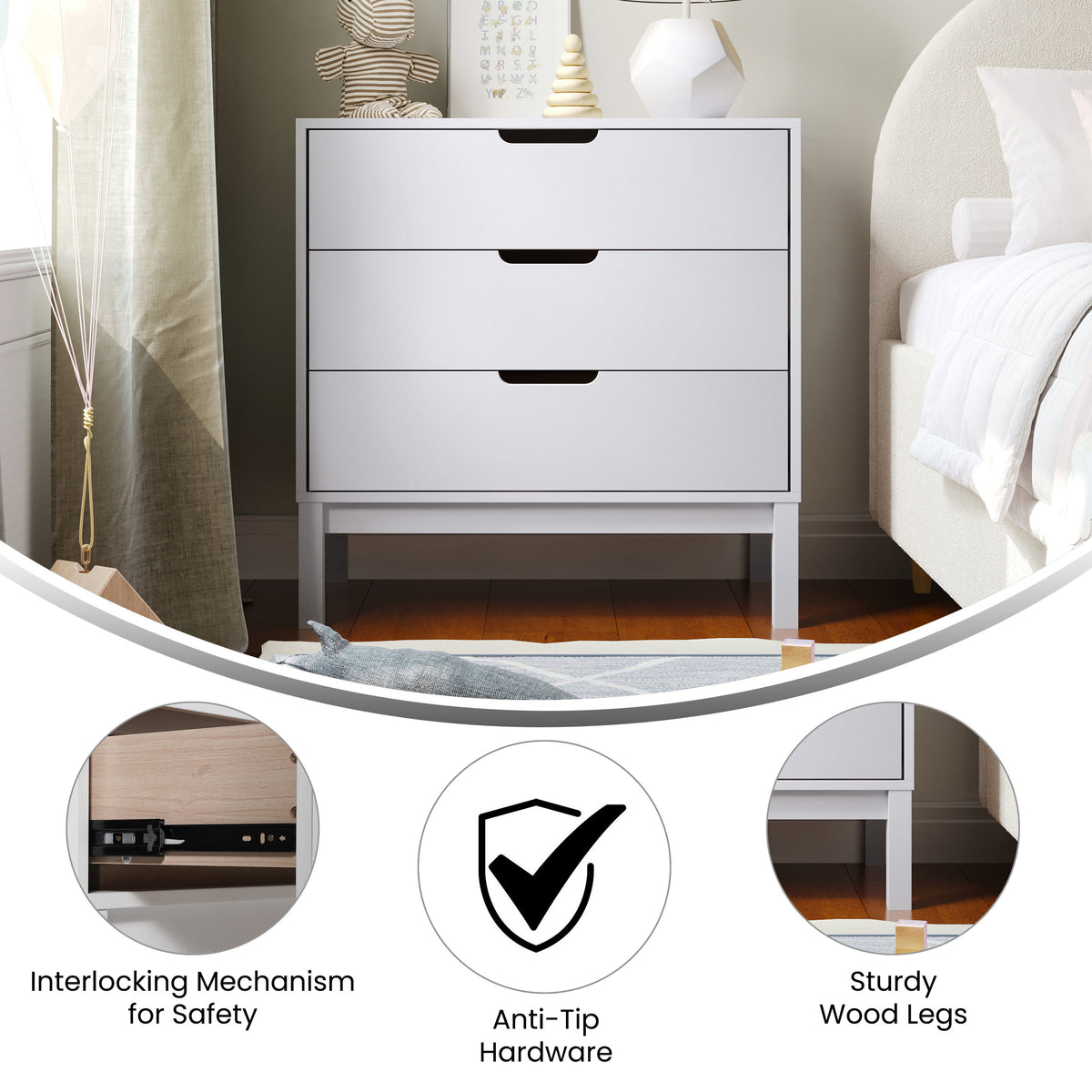 White |#| Wooden 3-Drawer Dresser with Smooth Bearing Slides for Kids Bedroom in White