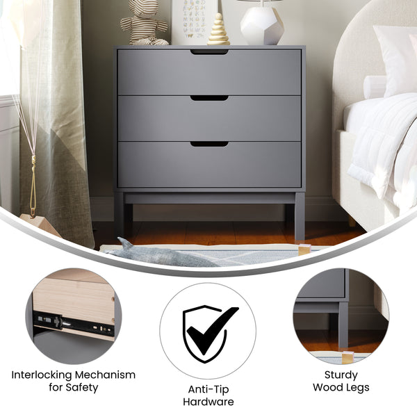 Gray |#| Wooden 3-Drawer Dresser with Smooth Bearing Slides for Kids Bedroom in Gray