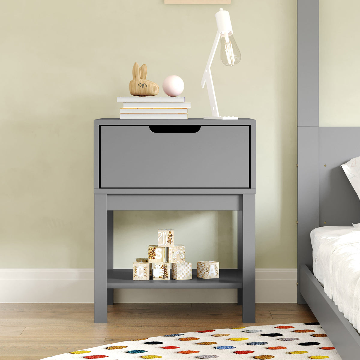 Gray |#| Wooden Night Stand for Kids Bedroom with Storage Drawer and Shelf in Gray