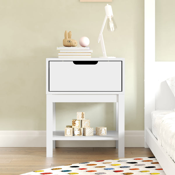 White |#| Wooden Night Stand for Kids Bedroom with Storage Drawer and Shelf in White