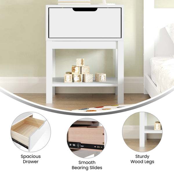 White |#| Wooden Night Stand for Kids Bedroom with Storage Drawer and Shelf in White