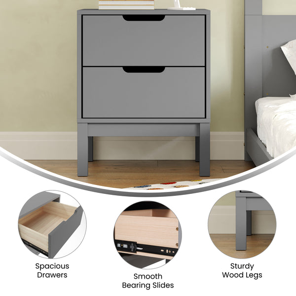 Gray |#| Wooden Night Stand for Kids Bedroom with 2 Storage Drawers in Gray