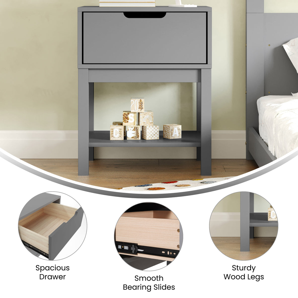 Gray |#| Wooden Night Stand for Kids Bedroom with Storage Drawer and Shelf in Gray