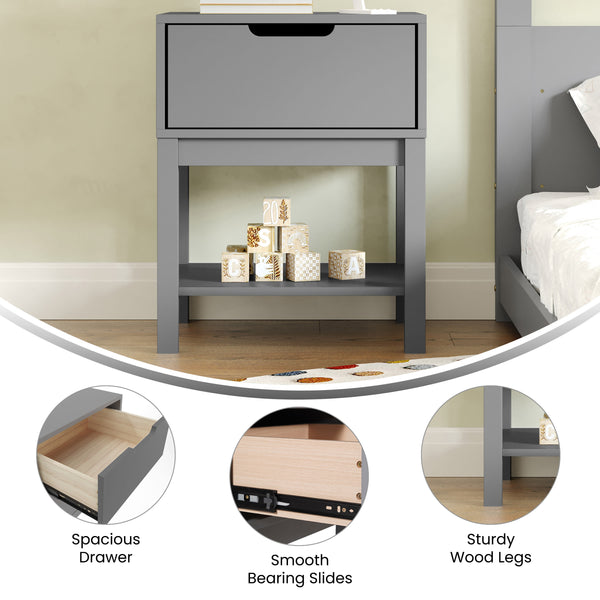 Gray |#| Wooden Night Stand for Kids Bedroom with Storage Drawer and Shelf in Gray