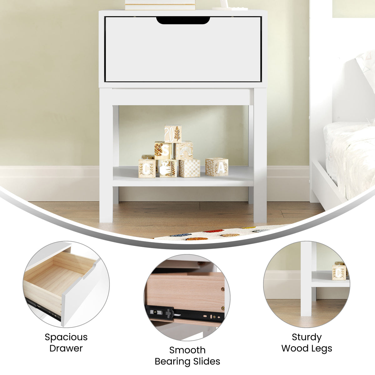 White |#| Wooden Night Stand for Kids Bedroom with Storage Drawer and Shelf in White