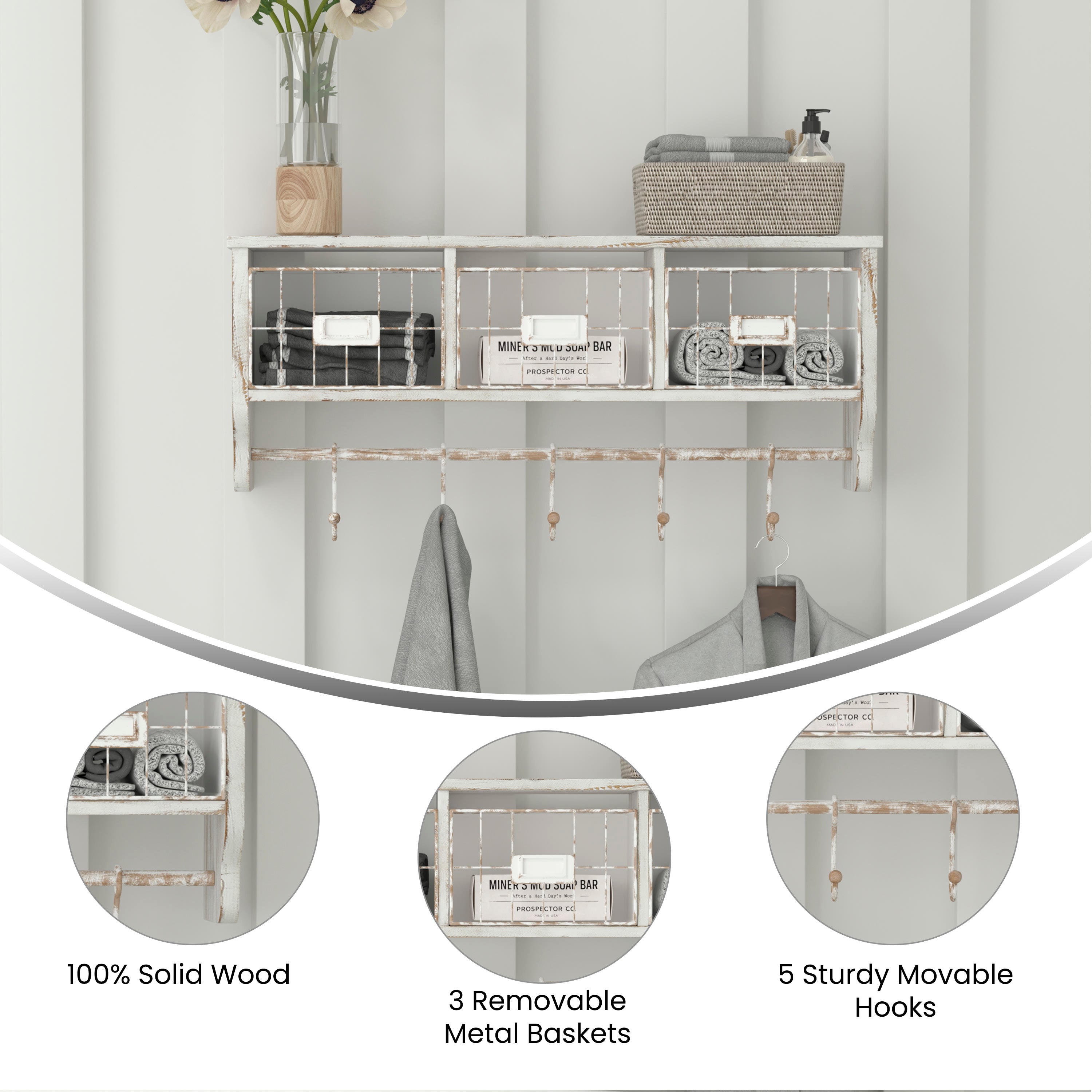 Wall shelf with metal baskets and hooks hot sale