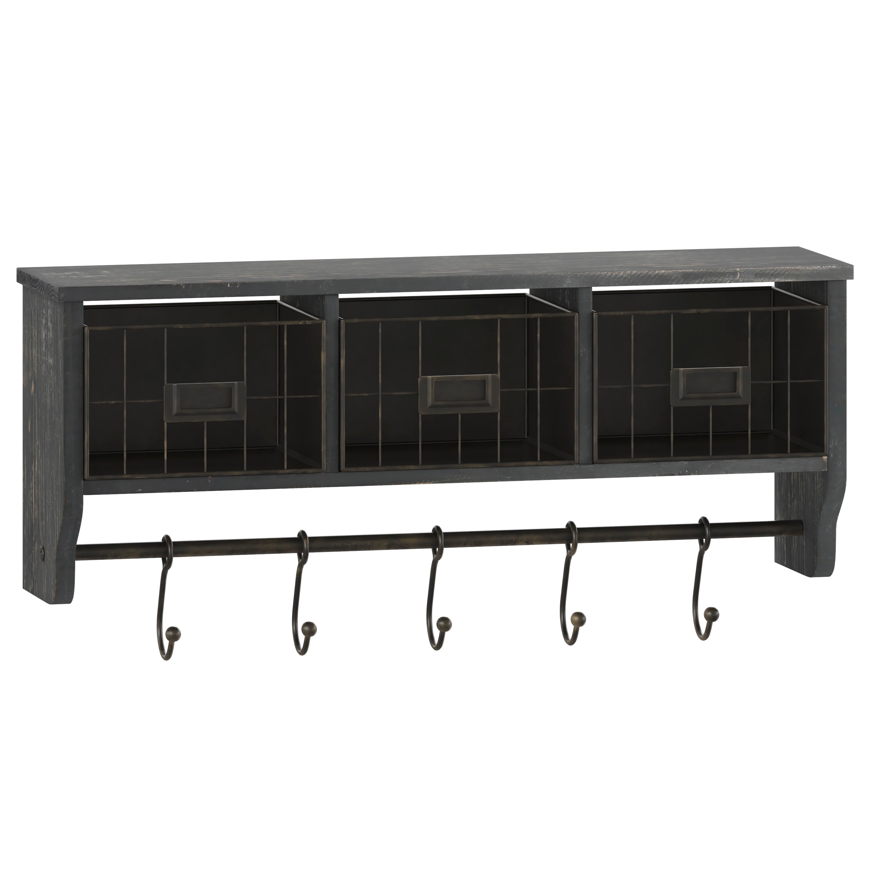 Wall shelf with clearance hooks and baskets