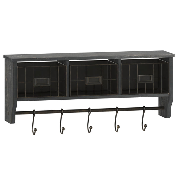 Black Wash |#| Wall Mounted Coat Rack with Upper Shelf, Wire Baskets, and Hooks in Blackwashed