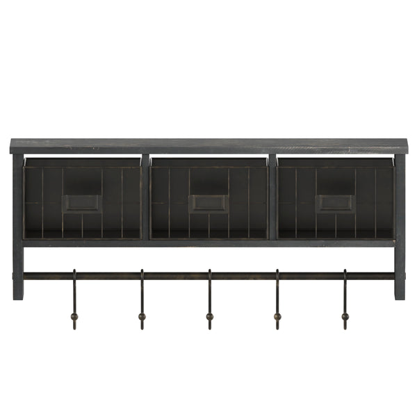 Black Wash |#| Wall Mounted Coat Rack with Upper Shelf, Wire Baskets, and Hooks in Blackwashed