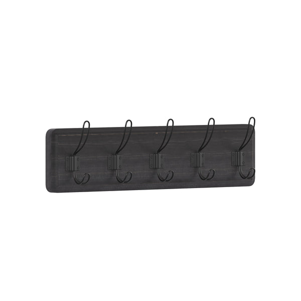 Black Wash |#| Vintage Wall Mounted Coat Rack with 5 Coat Hooks in Black Finish