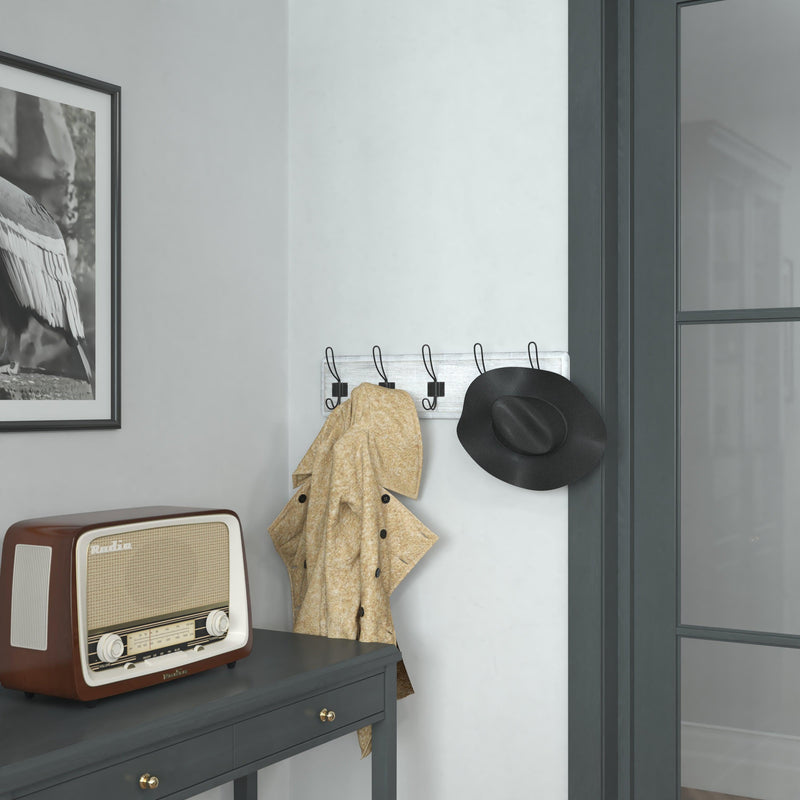 White Wash |#| Vintage Wall Mounted Coat Rack with 5 Coat Hooks in Whitewashed Finish