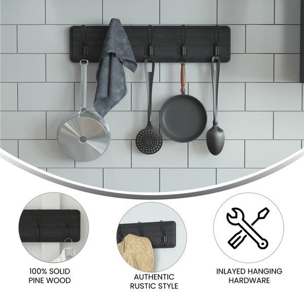 Black Wash |#| Vintage Wall Mounted Coat Rack with 5 Coat Hooks in Black Finish