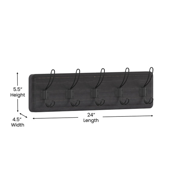 Black Wash |#| Vintage Wall Mounted Coat Rack with 5 Coat Hooks in Black Finish