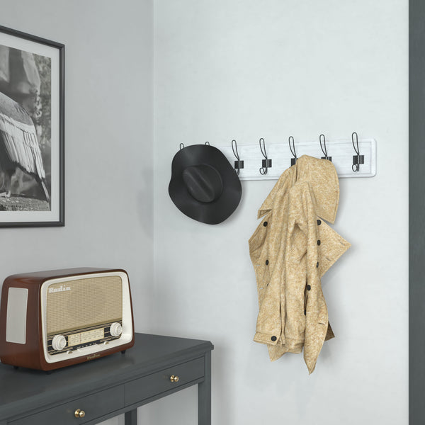 White Wash |#| Vintage Wall Mounted Storage Rack with 7 Hooks in White Wash Finish