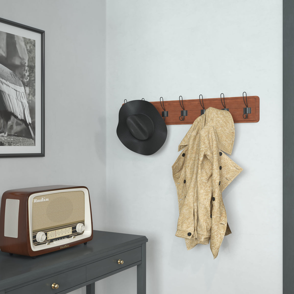 Brown |#| Vintage Wall Mounted Storage Rack with 7 Hooks in Brown Finish
