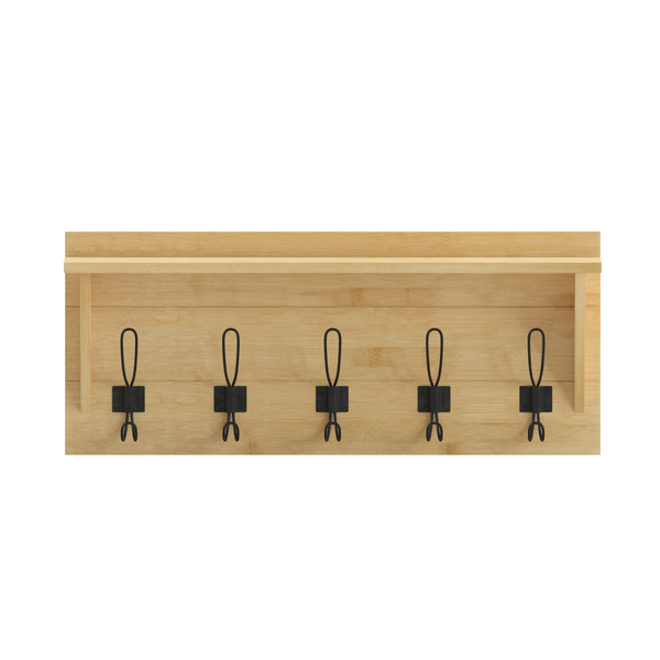 Bamboo |#| Wall Mounted Coat Rack with Upper Shelf and Coat Hooks in Bamboo Finish