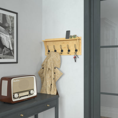 Daly Wall Mounted Solid Pine Wood Storage Rack with Upper Shelf and 5 Hanging Hooks For Entryway, Kitchen, Bathroom - View 2