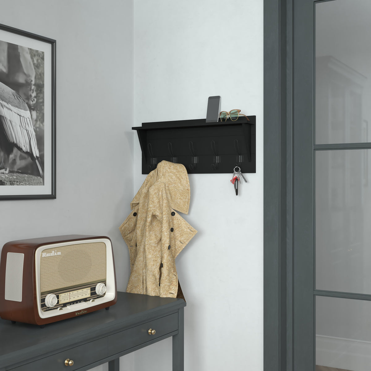 Black |#| Wall Mounted Coat Rack with Upper Shelf and Coat Hooks in Black Finish