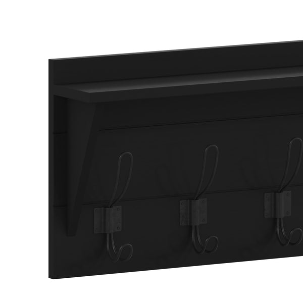 Black |#| Wall Mounted Coat Rack with Upper Shelf and Coat Hooks in Black Finish