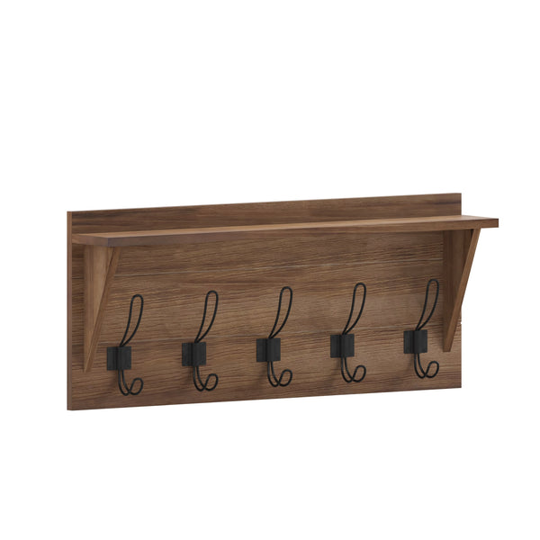 Rustic Brown |#| Wall Mounted Coat Rack with Upper Shelf and Coat Hooks in Rustic Brown Finish