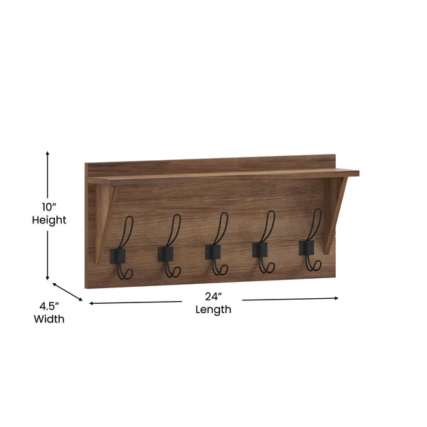 Rustic Brown |#| Wall Mounted Coat Rack with Upper Shelf and Coat Hooks in Rustic Brown Finish