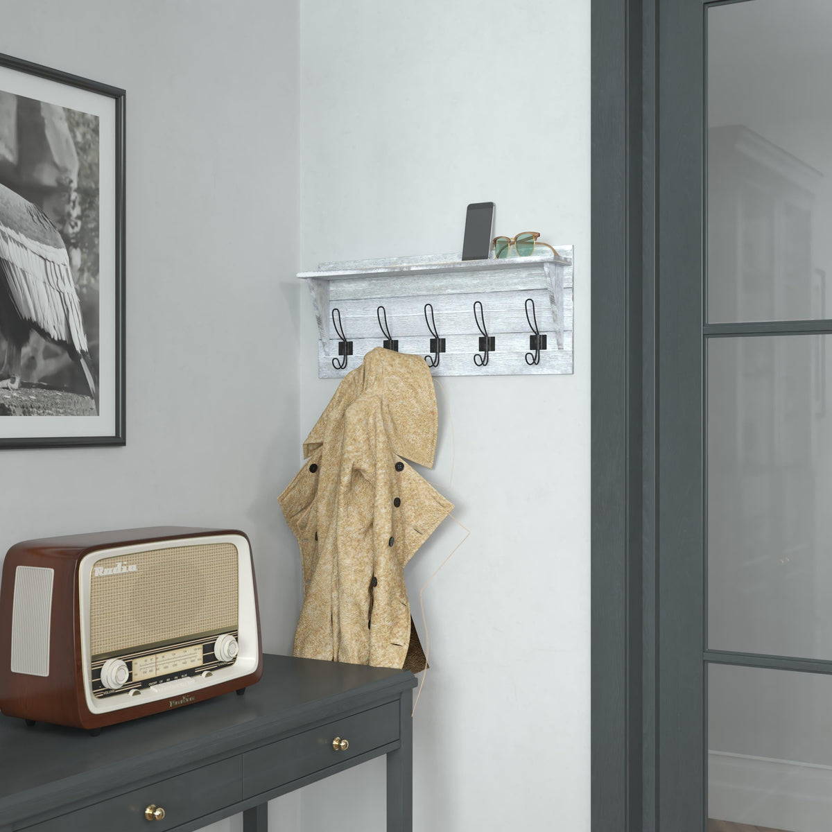 White Wash |#| Wall Mounted Coat Rack with Upper Shelf and Coat Hooks in Whitewashed Finish