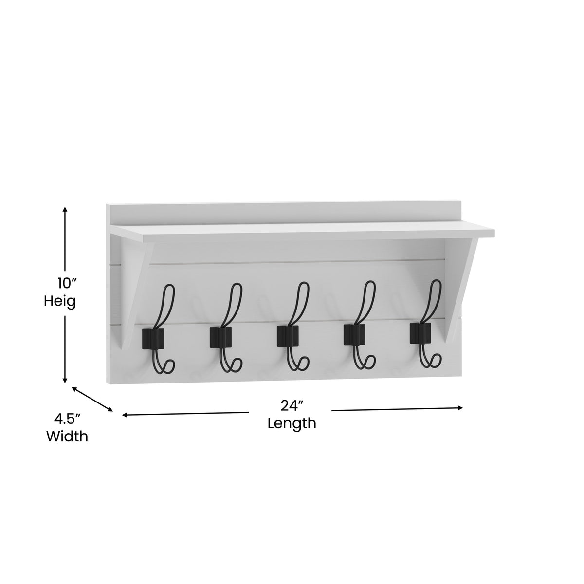 Solid White |#| Wall Mounted Coat Rack with Upper Shelf and Coat Hooks in Solid White Finish