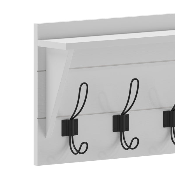 Solid White |#| Wall Mounted Coat Rack with Upper Shelf and Coat Hooks in Solid White Finish