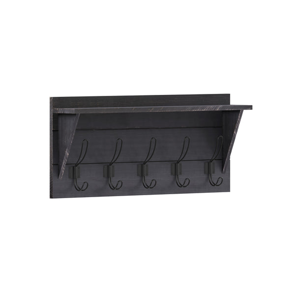 Black Wash |#| Wall Mounted Coat Rack with Upper Shelf and Coat Hooks in Black Wash Finish