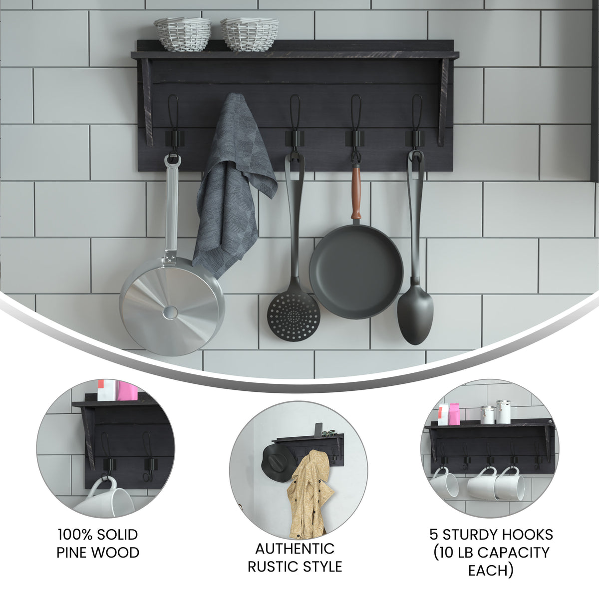 Black Wash |#| Wall Mounted Coat Rack with Upper Shelf and Coat Hooks in Black Wash Finish