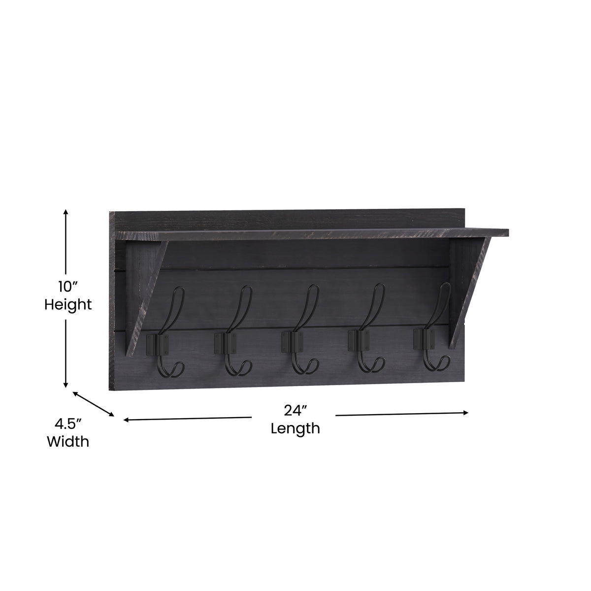 Black Wash |#| Wall Mounted Coat Rack with Upper Shelf and Coat Hooks in Black Wash Finish