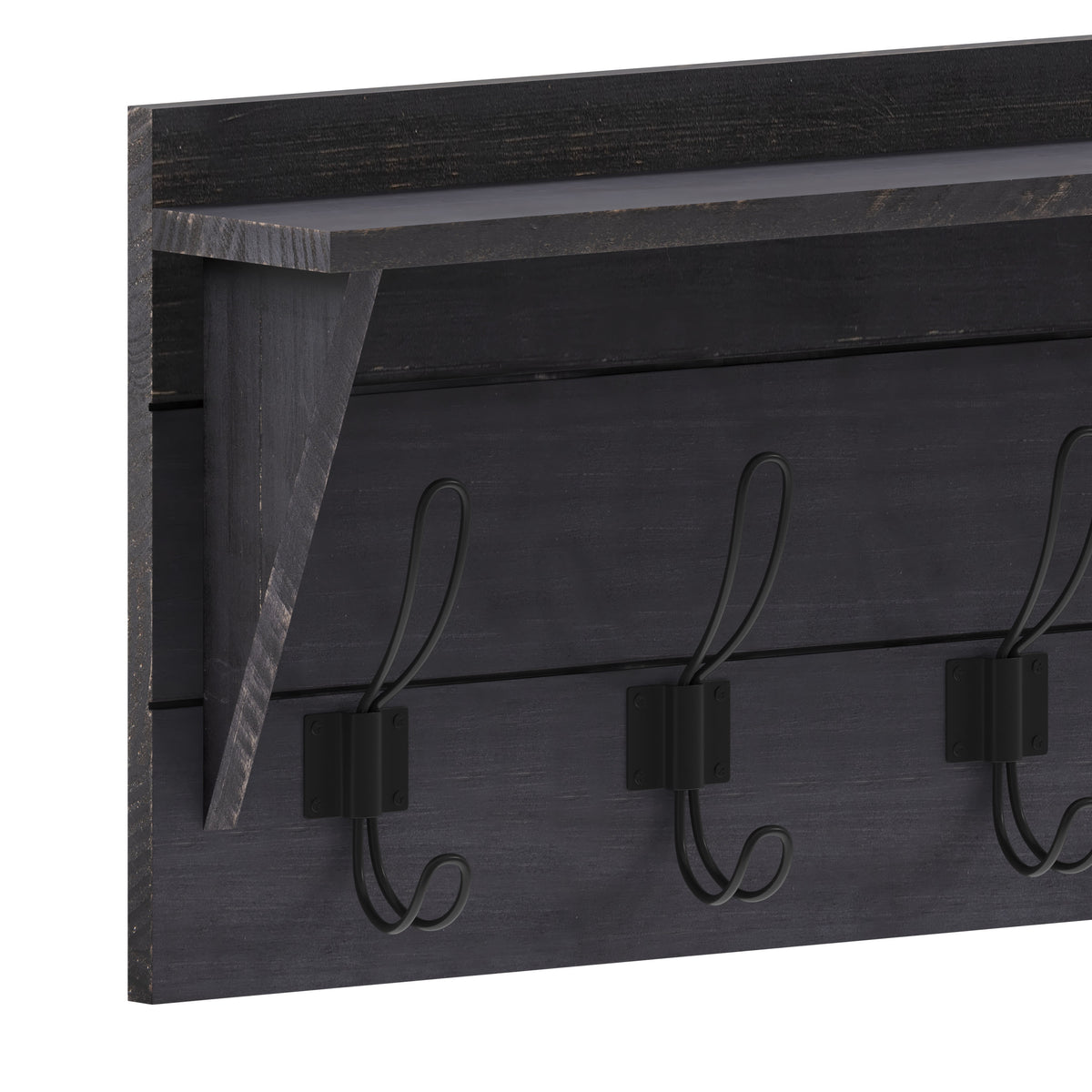 Black Wash |#| Wall Mounted Coat Rack with Upper Shelf and Coat Hooks in Black Wash Finish