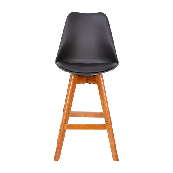 Black LeatherSoft/Walnut Frame |#| 2 Pack Commercial Wood Frame Plastic Barstools - LeatherSoft Seat-Black/Walnut