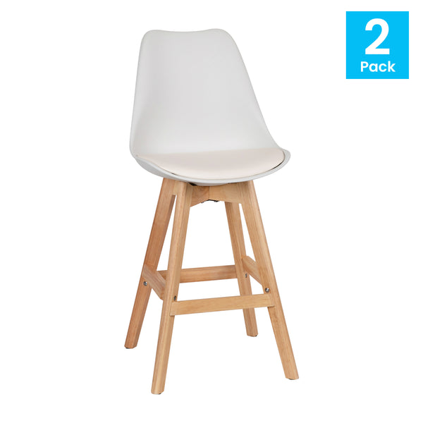 White LeatherSoft/Natural Frame |#| 2 Pack Commercial Wood Frame Plastic Barstools with LeatherSoft Seat-White/Oak