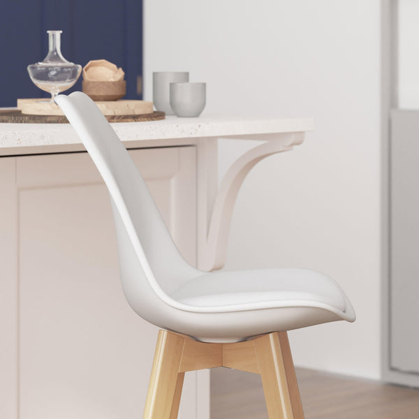 White LeatherSoft/Natural Frame |#| 2 Pack Commercial Wood Frame Plastic Barstools with LeatherSoft Seat-White/Oak